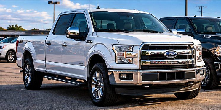 Pickup Ford F-150 blanca en un lote de dealer