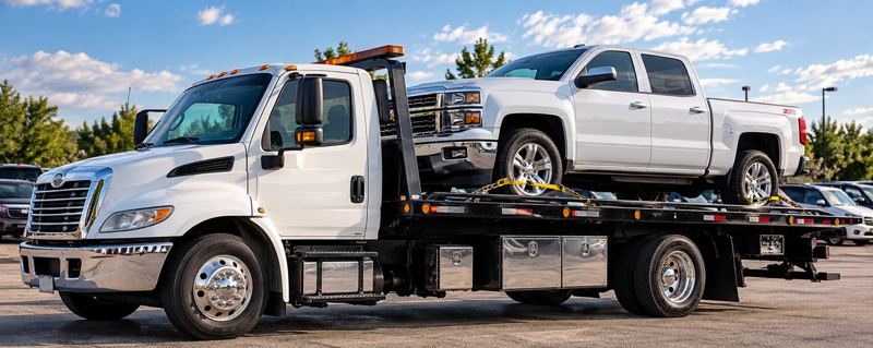 Grúa de plataforma transportando una pickup
