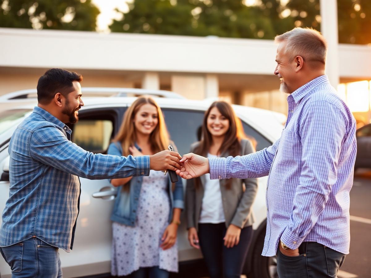Familia recibiendo las llaves de su camioneta en el lote