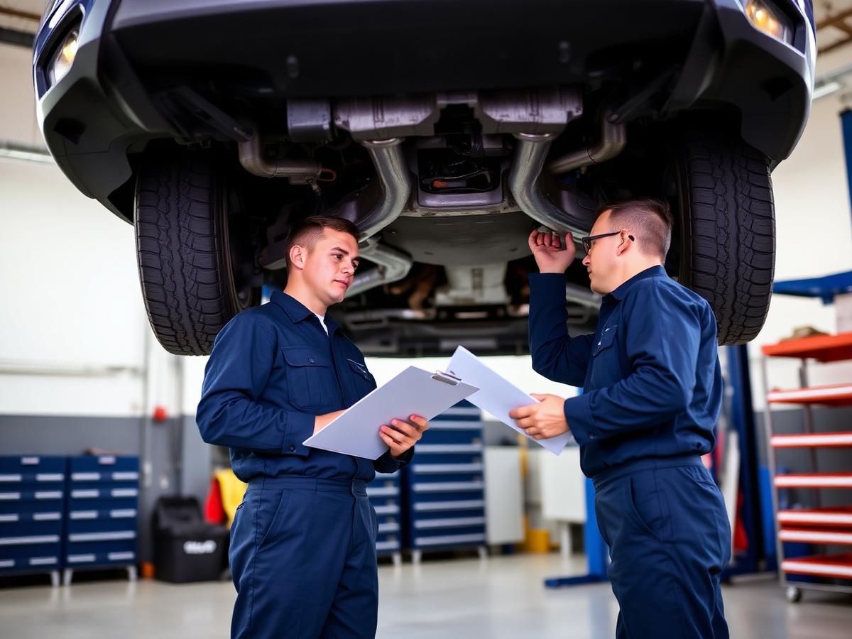 Mecánicos revisando la parte inferior de una camioneta en el taller